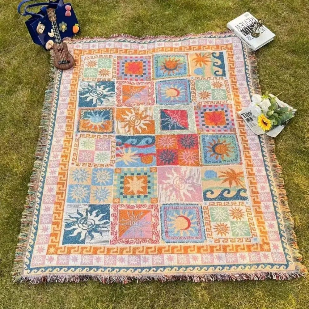 Gewebte Picknickdecke mit Boho - Patchwork - Muster und Fransen - Picknickdecke - 180x130 cm - Voldeva