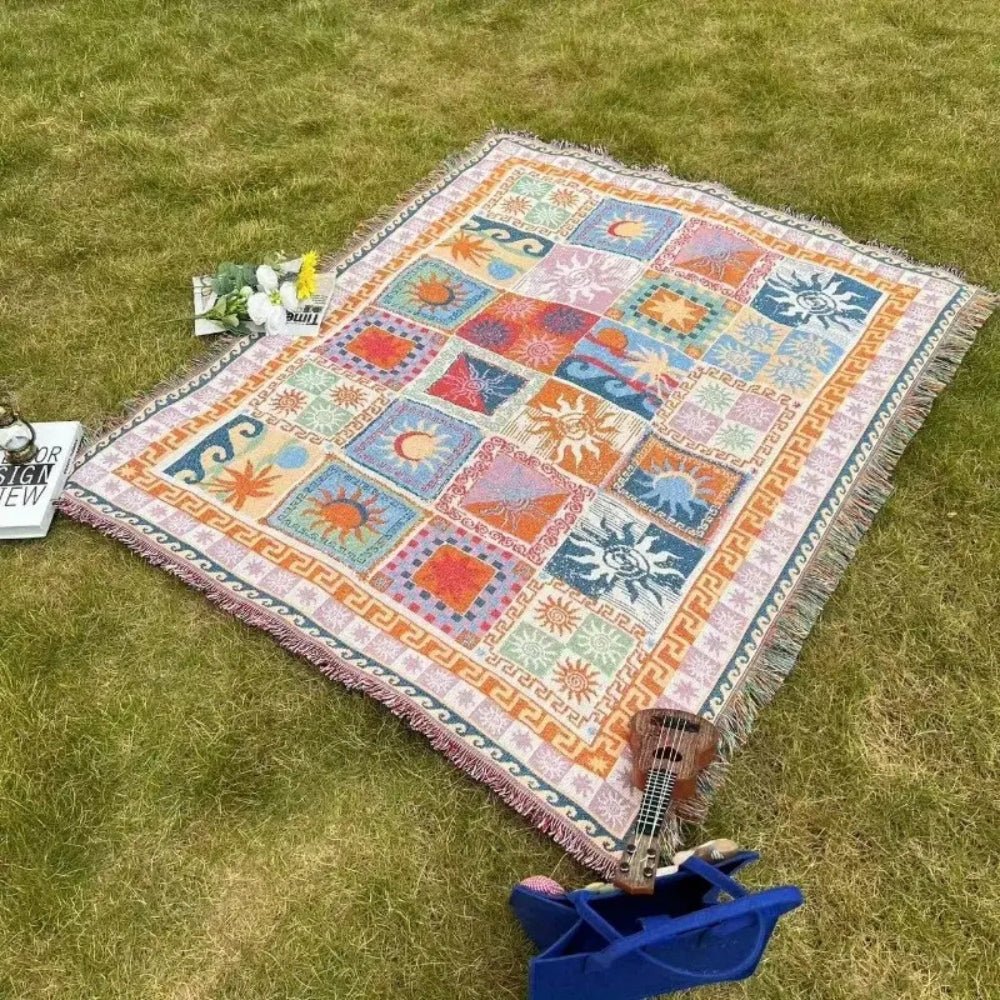 Gewebte Picknickdecke mit Boho - Patchwork - Muster und Fransen - Picknickdecke - 180x130 cm - Voldeva