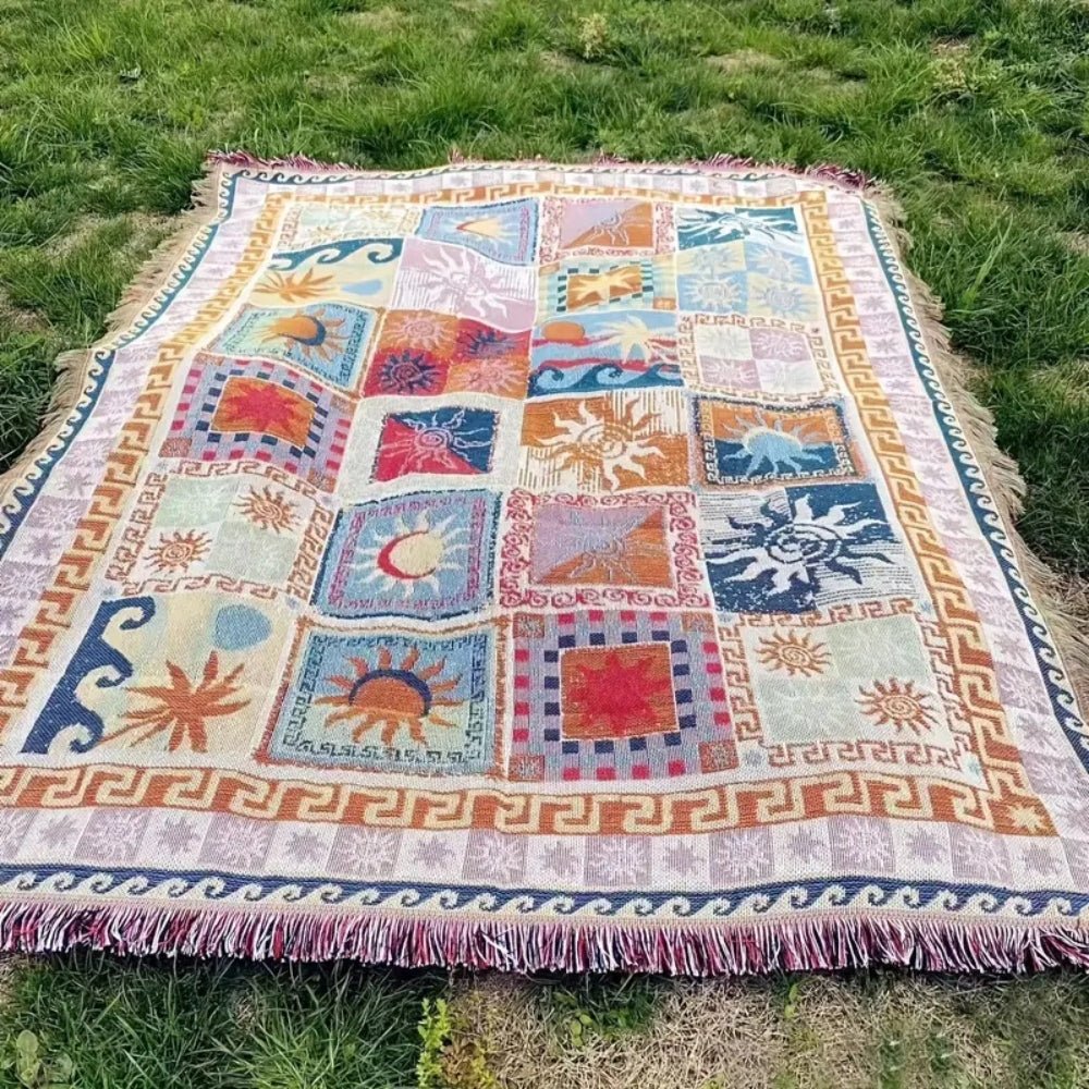 Gewebte Picknickdecke mit Boho - Patchwork - Muster und Fransen - Picknickdecke - 180x130 cm - Voldeva
