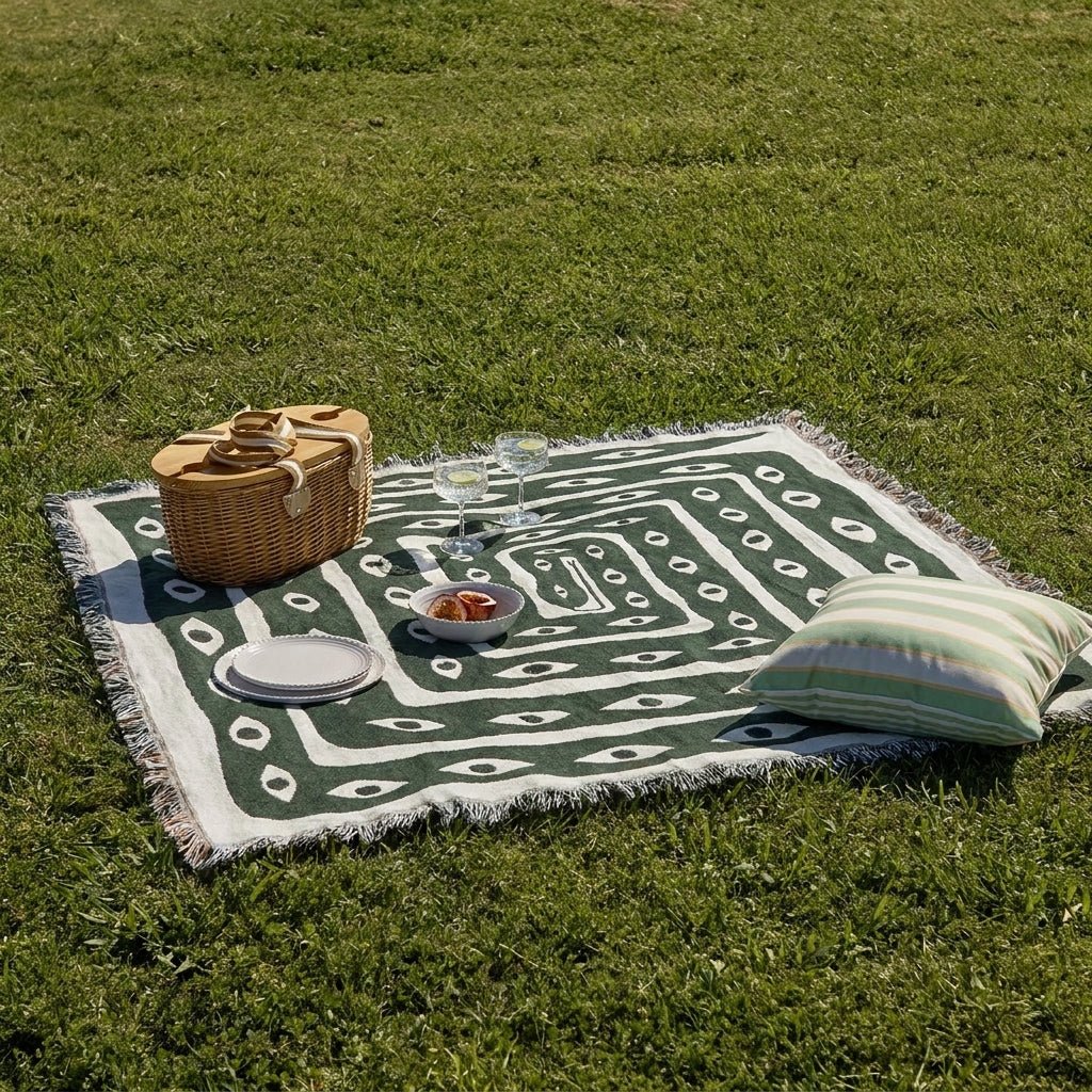 Gewebte Überwurfdecke mit Böses - Auge - Muster und Fransenrand - Picknickdecke - Voldeva