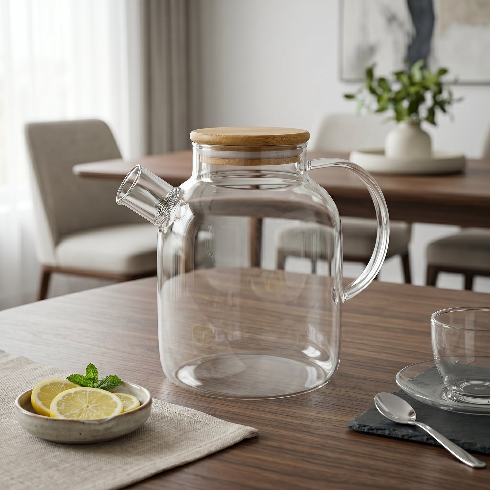 Glas Teekanne mit Holzdeckel und Seitengriff - Teekanne - Voldeva