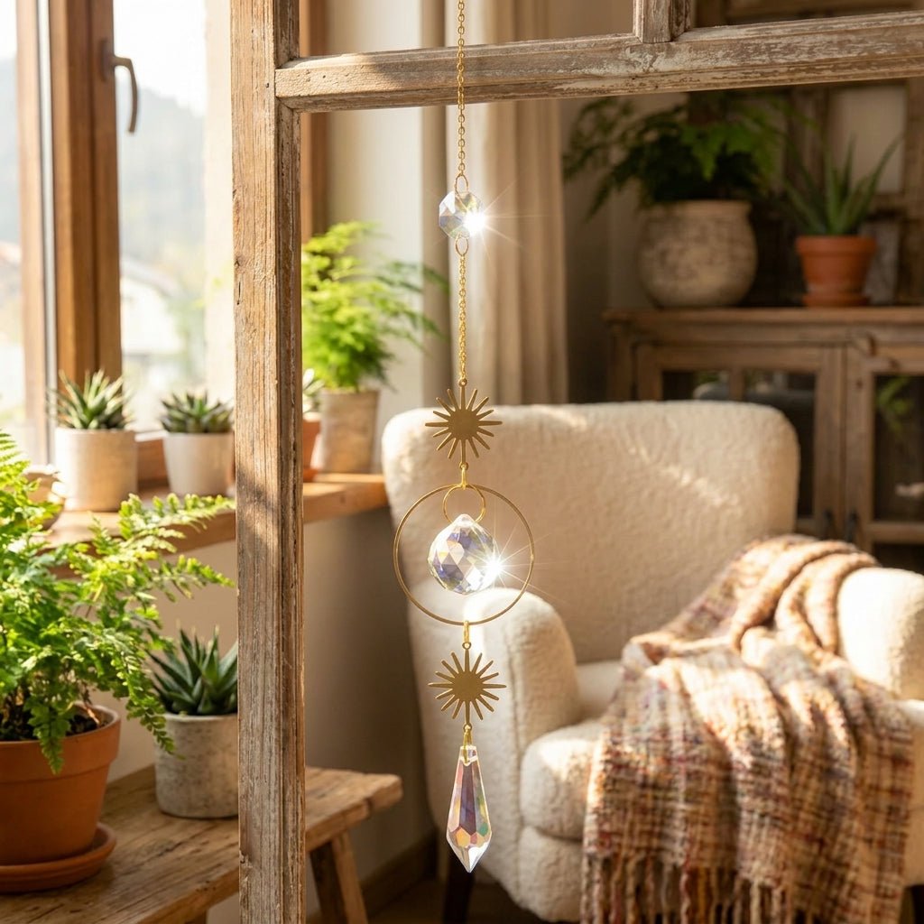 Hängender Kristall Suncatcher Mond und Sterne Design - Sonnenfänger - Gelassenheit - Voldeva