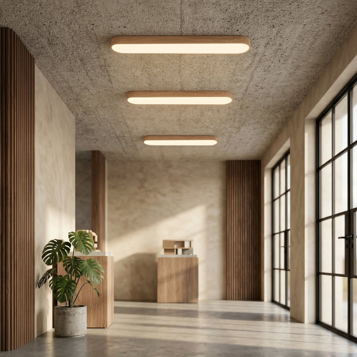 Holz LED Deckenleuchte Linear Schlank für Flur und Wohnraum - Ceiling Light Fixtures - Hellbraun - Voldeva