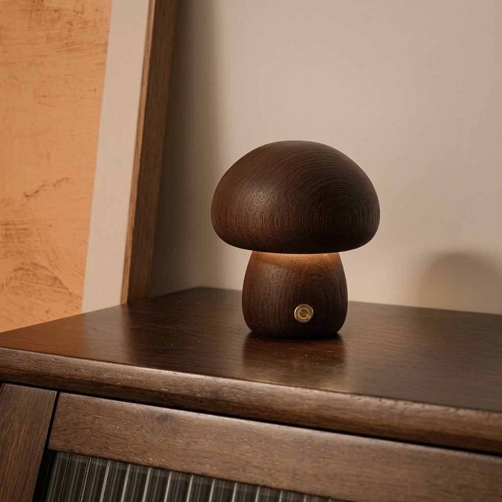 Holzlampe im Pilzdesign mit Warmlicht - Table Lamps - Kleiner dunkler Pilz - Voldeva