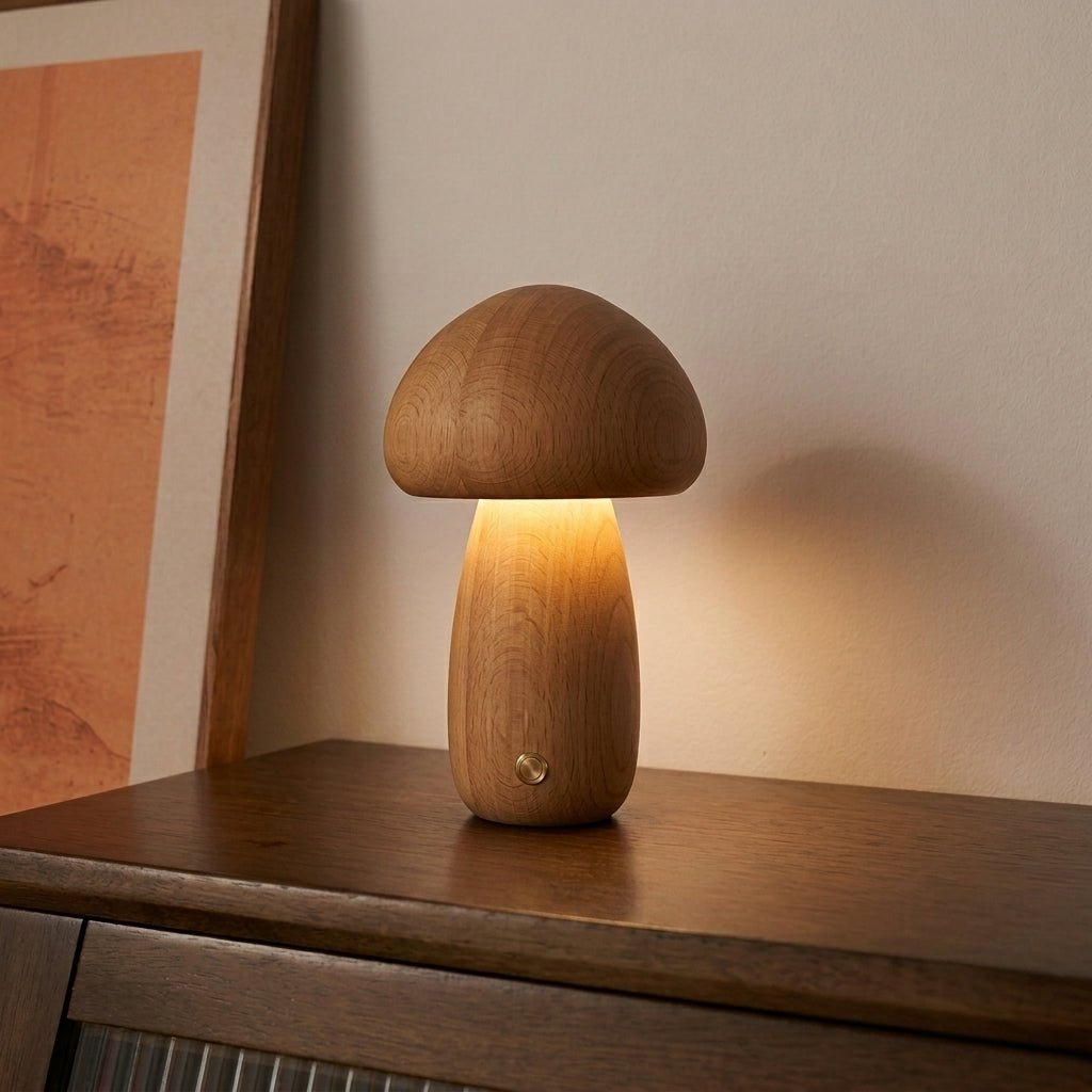 Holzlampe im Pilzdesign mit Warmlicht - Table Lamps - Großer heller Pilz - Voldeva