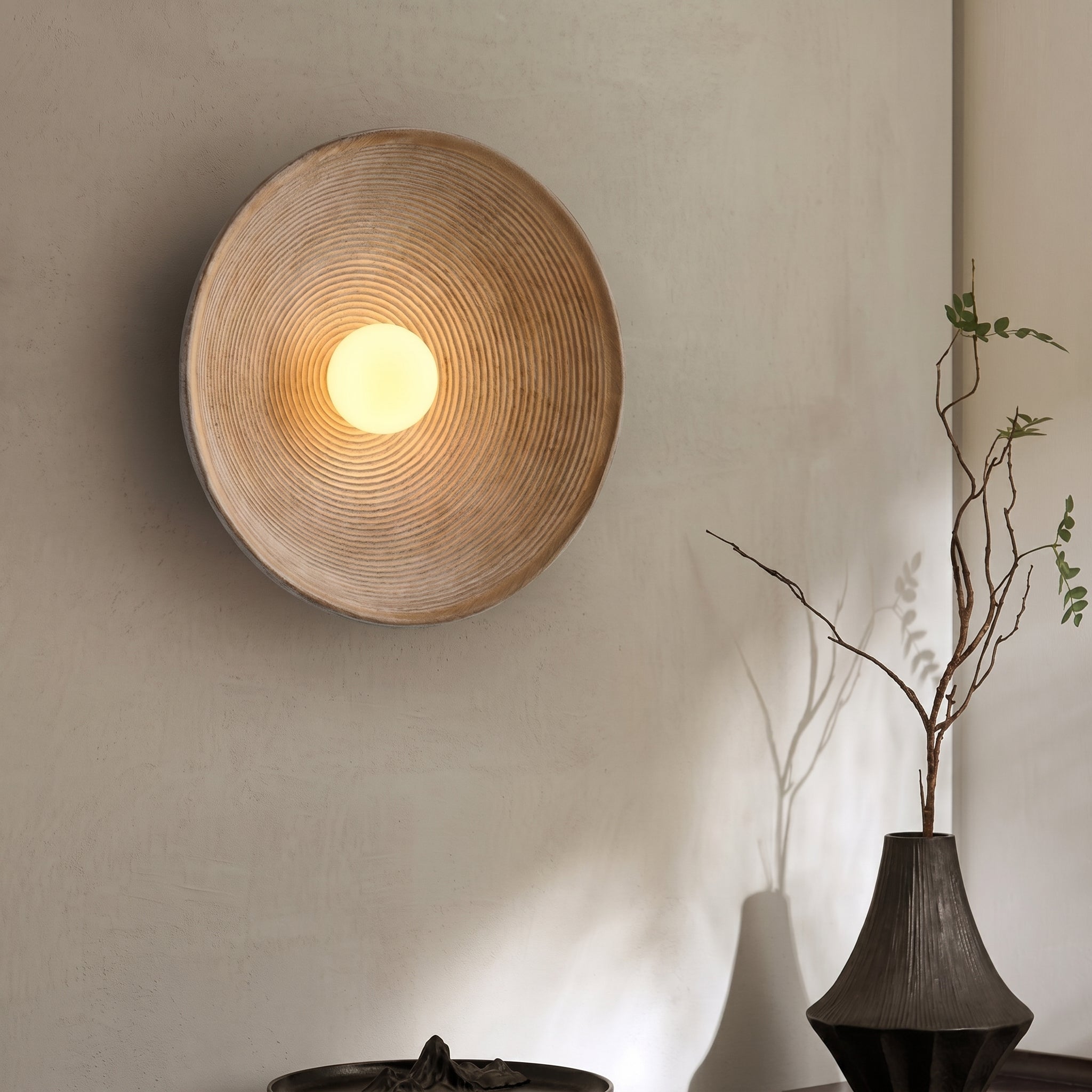 Japanische Holz - Wandleuchte – Minimalistisches rundes LED - Design - Wandleuchten - ∅ 20cm - Voldeva