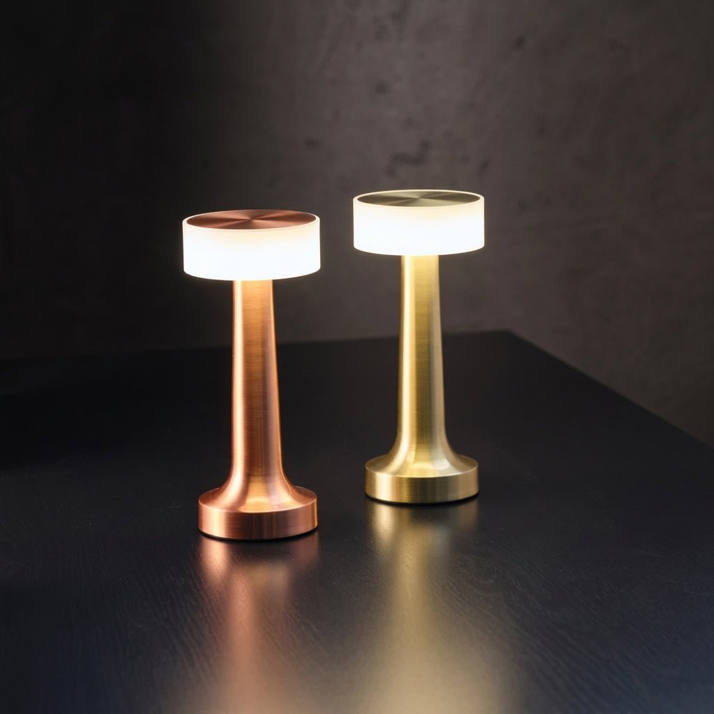 Kabellose LED Tischleuchte mit Rundem Schirm und Schlankem Standfuß - Tischlampen - Silber - Voldeva
