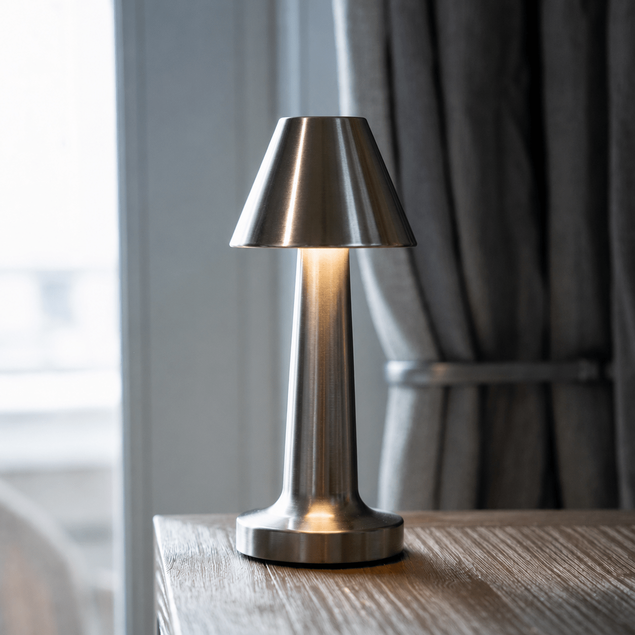 Kabellose LED Tischleuchte mit Rundem Schirm und Schlankem Standfuß - Tischlampen - Silber - Voldeva