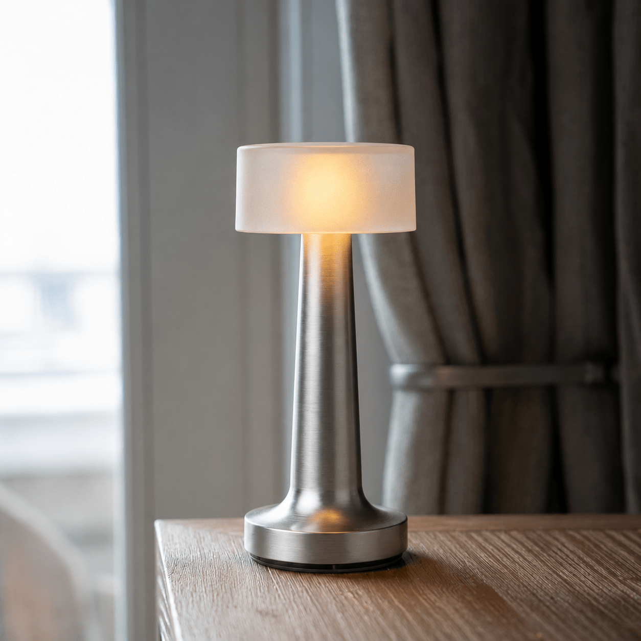 Kabellose LED Tischleuchte mit Rundem Schirm und Schlankem Standfuß - Tischlampen - Silber - Voldeva