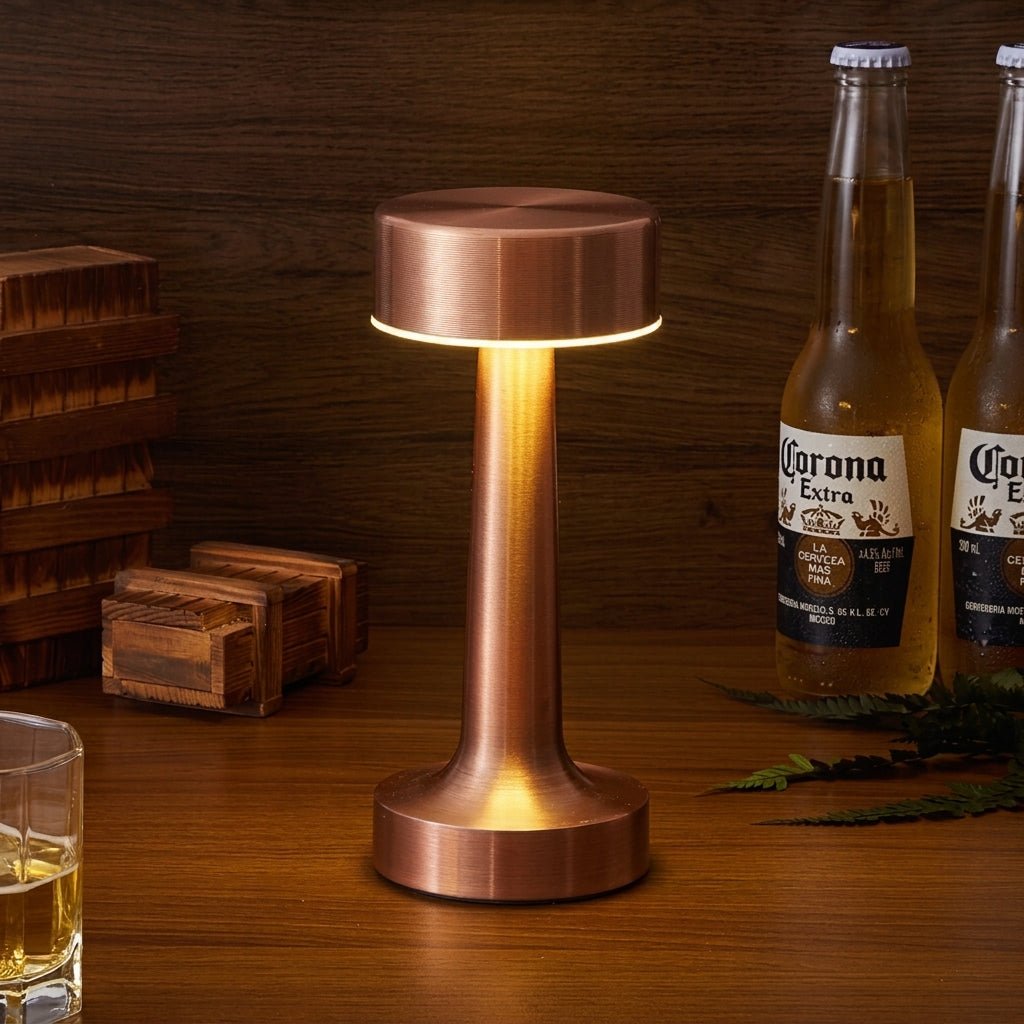 Kabellose LED Tischleuchte mit Rundem Schirm und Schlankem Standfuß - Tischlampen - Bronze - Voldeva