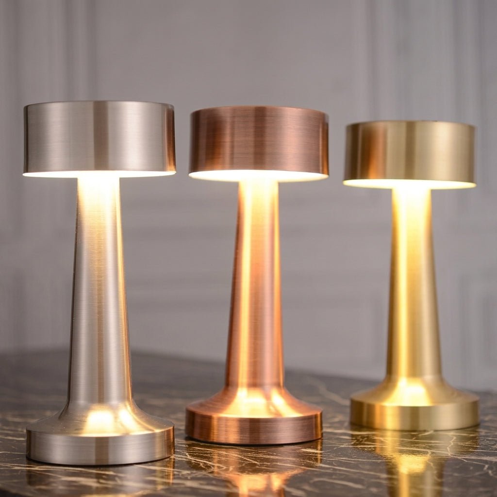 Kabellose LED Tischleuchte mit Rundem Schirm und Schlankem Standfuß - Tischlampen - Silber - Voldeva