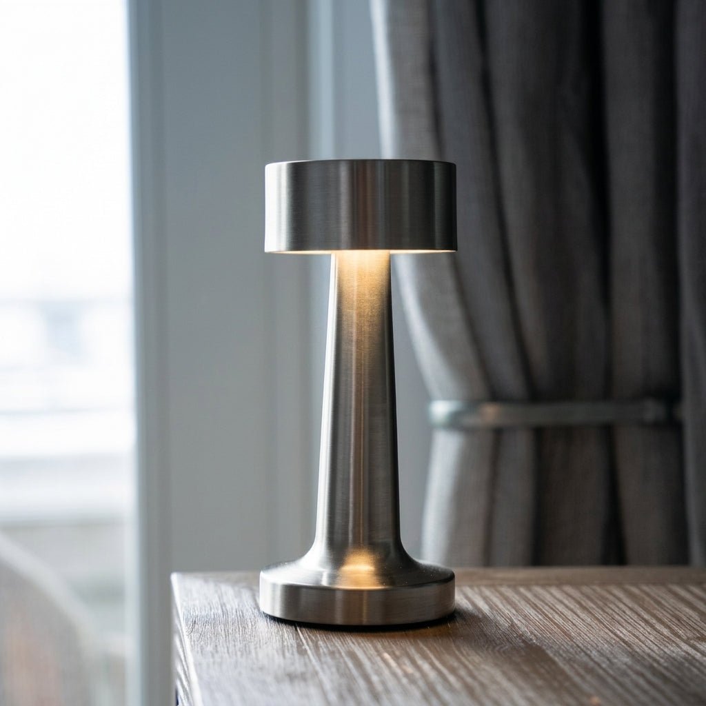 Kabellose LED Tischleuchte mit Rundem Schirm und Schlankem Standfuß - Tischlampen - Silber - Voldeva