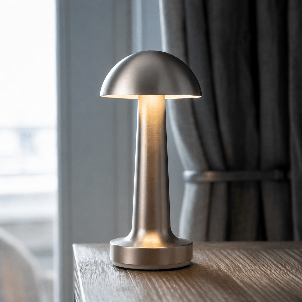 Kabellose LED Tischleuchte mit Rundem Schirm und Schlankem Standfuß - Tischlampen - Silber - Voldeva