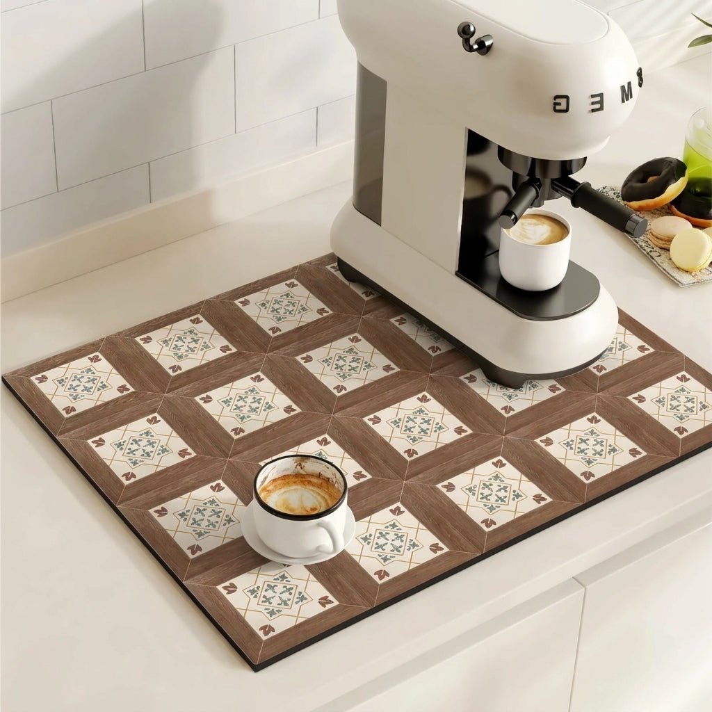 Kaffeemaschinen Unterlage Mit Saugfähigem Design Und Retro - Muster - Küche - Holzkacheln - Voldeva