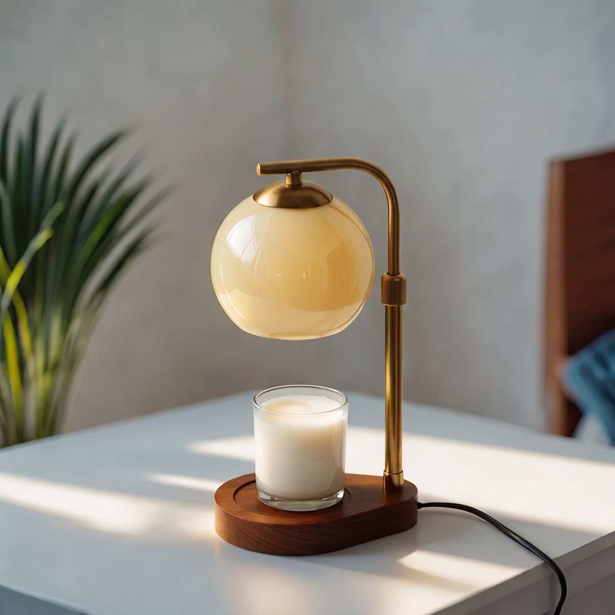 Kerzenwärmer Lampe mit Glaskugel Design und Holzsockel - Table Lamps - Beige - Voldeva