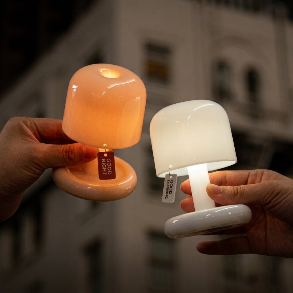 Kompakte Retro Tischlampe mit Rundsockel und Pilzhut-Schirm - Tischlampe - Voldeva