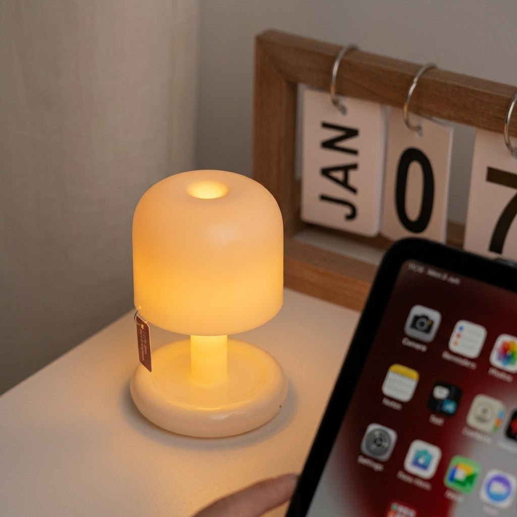 Kompakte Retro Tischlampe mit Rundsockel und Pilzhut-Schirm - Tischlampe - Voldeva