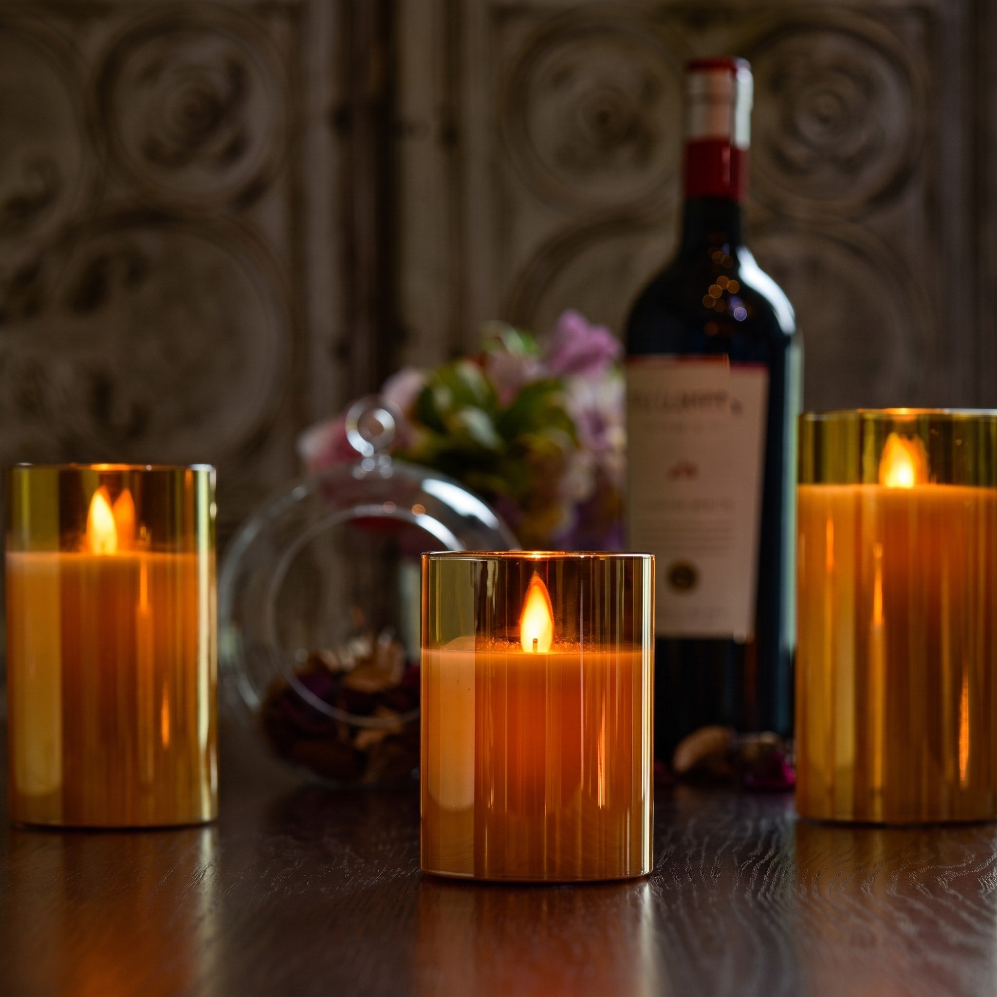 LED Kerzen Set mit Glaszylinder, 3-teilig - Flameless Candles - Bernstein - Voldeva