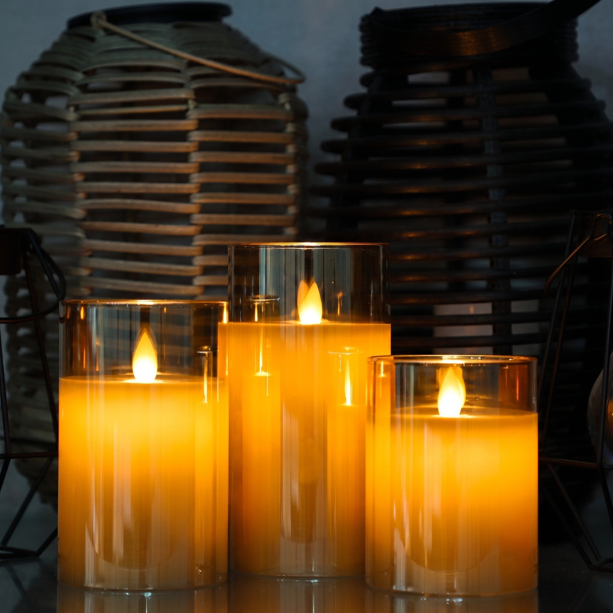 LED Kerzen Set mit Glaszylinder, 3-teilig - Flameless Candles - Bernstein - Voldeva