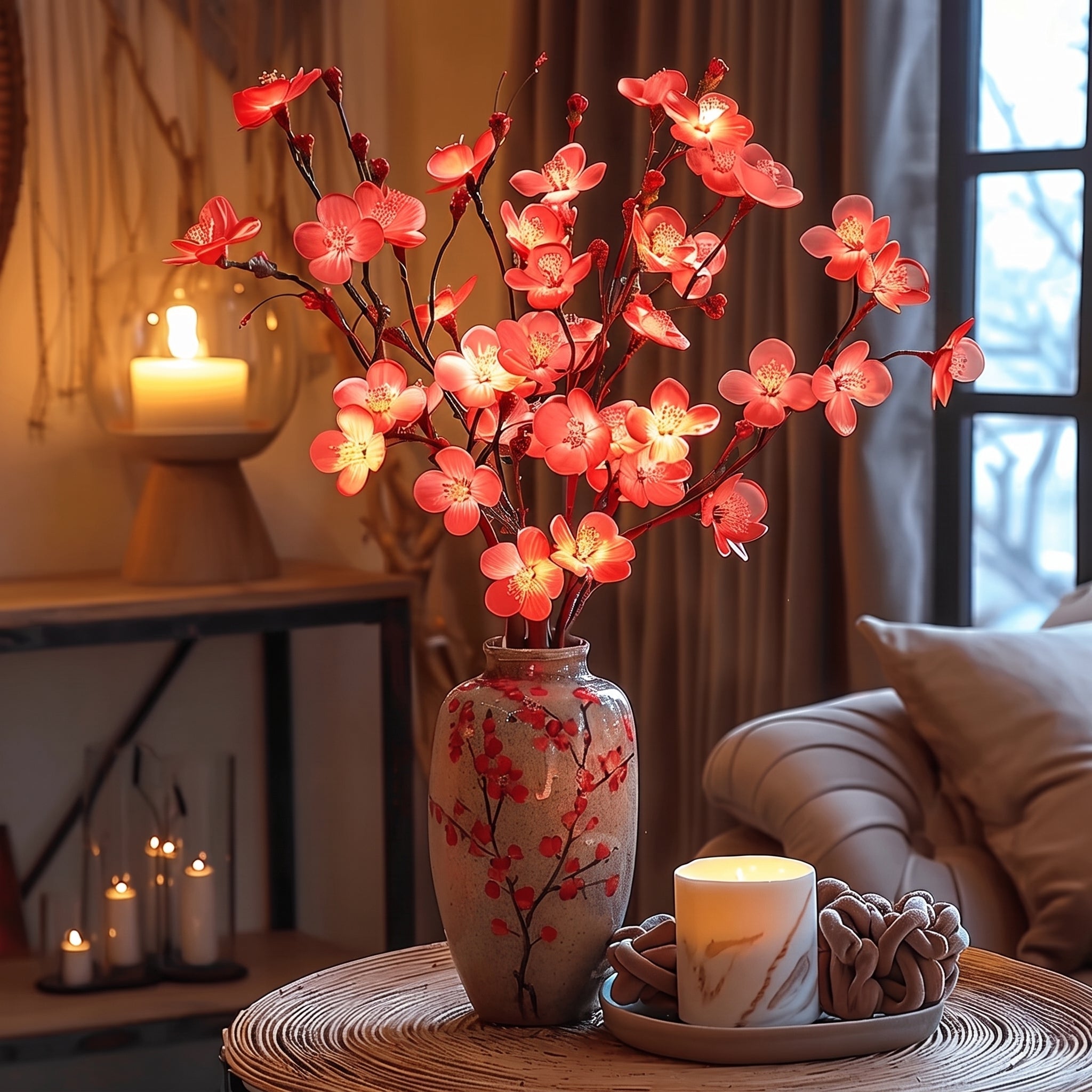 LED Olivenzweig Deko mit Lichterkette im Topf - Artificial Non-Flowering Plants - Kirschblüte - Voldeva