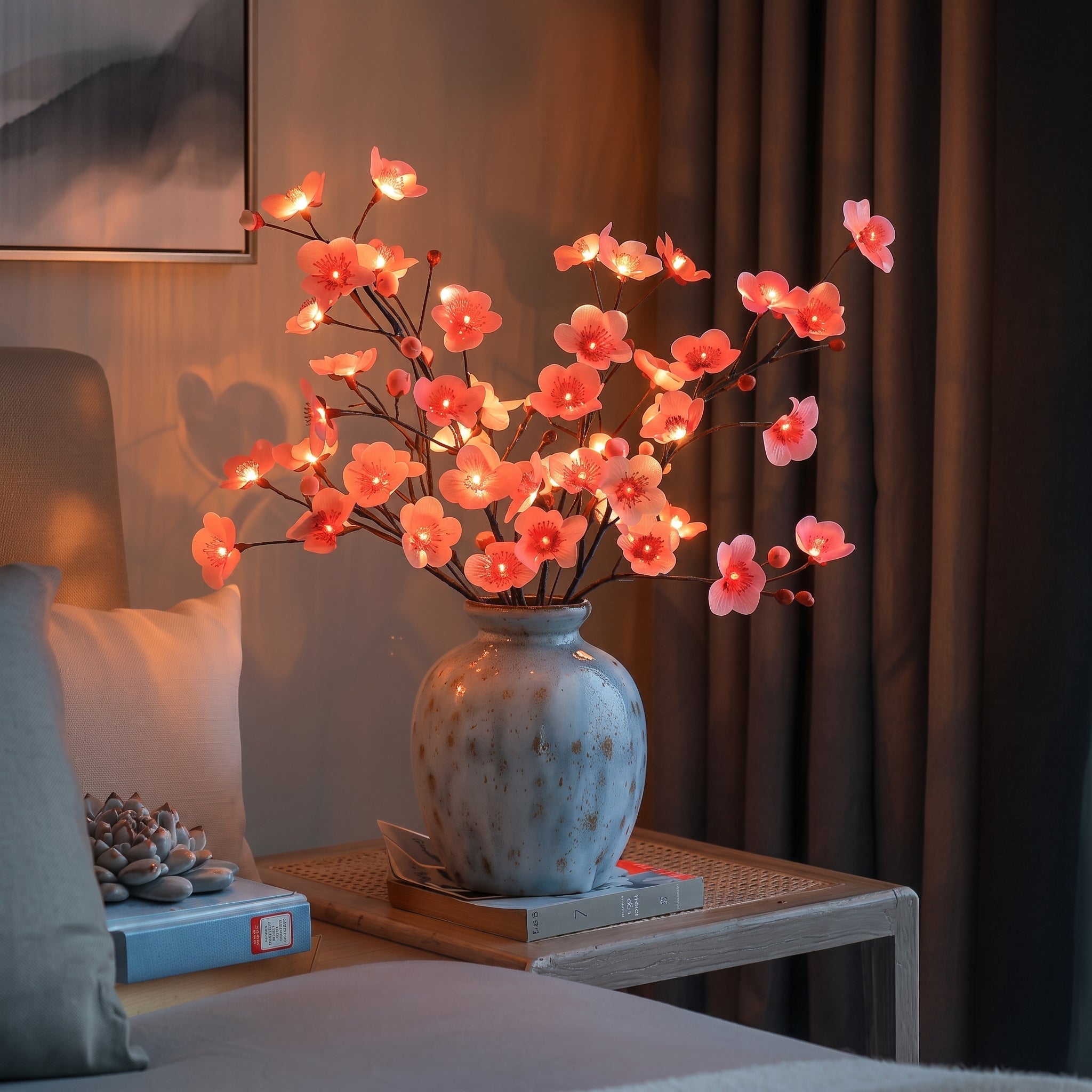 LED Olivenzweig Deko mit Lichterkette im Topf - Artificial Non-Flowering Plants - Kirschblüte - Voldeva
