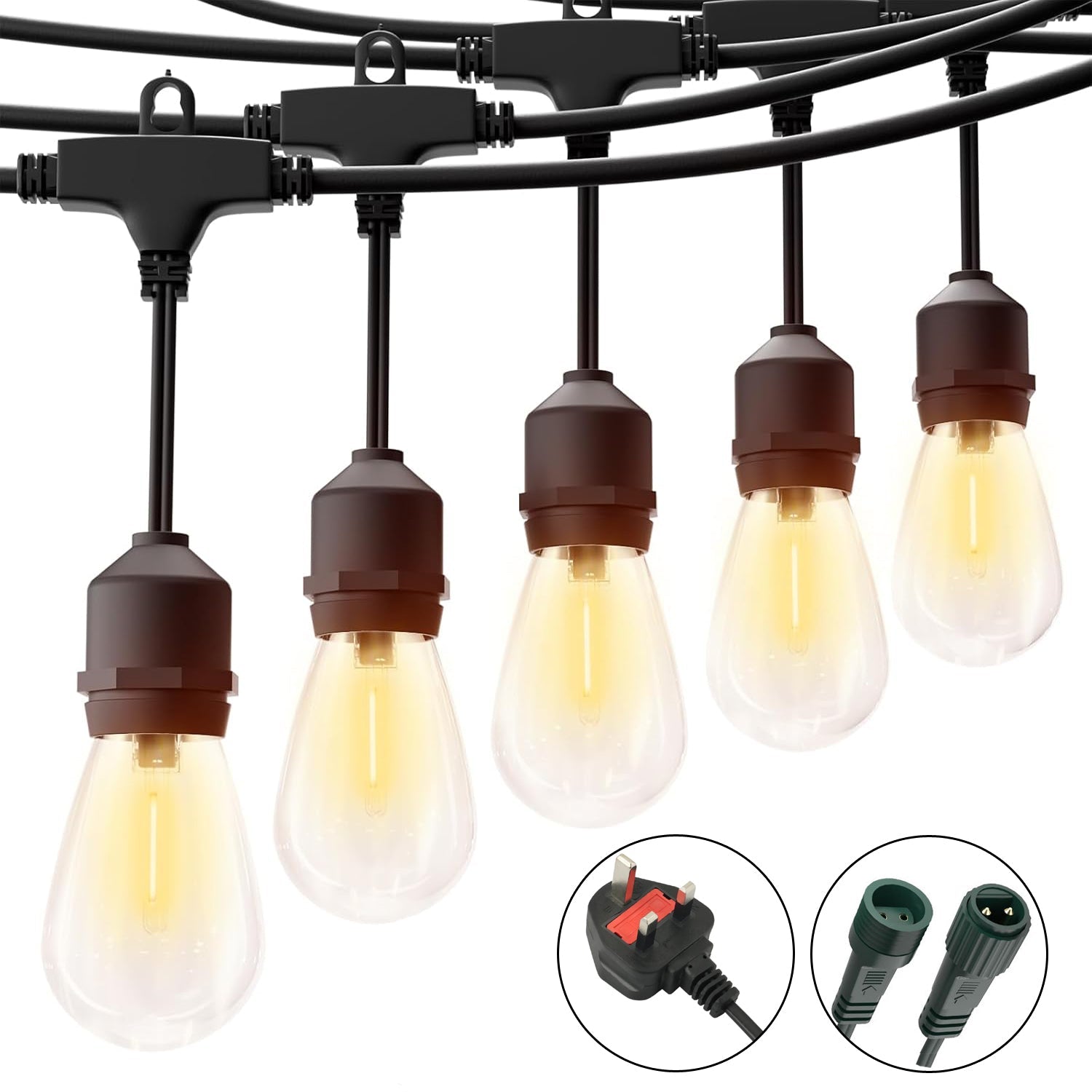 Outdoor LED - Lichterkette mit hängenden Edison - Birnen - Lichterkette - 15 m – 15 Leuchten (1W - 2700K - 220V) - Voldeva