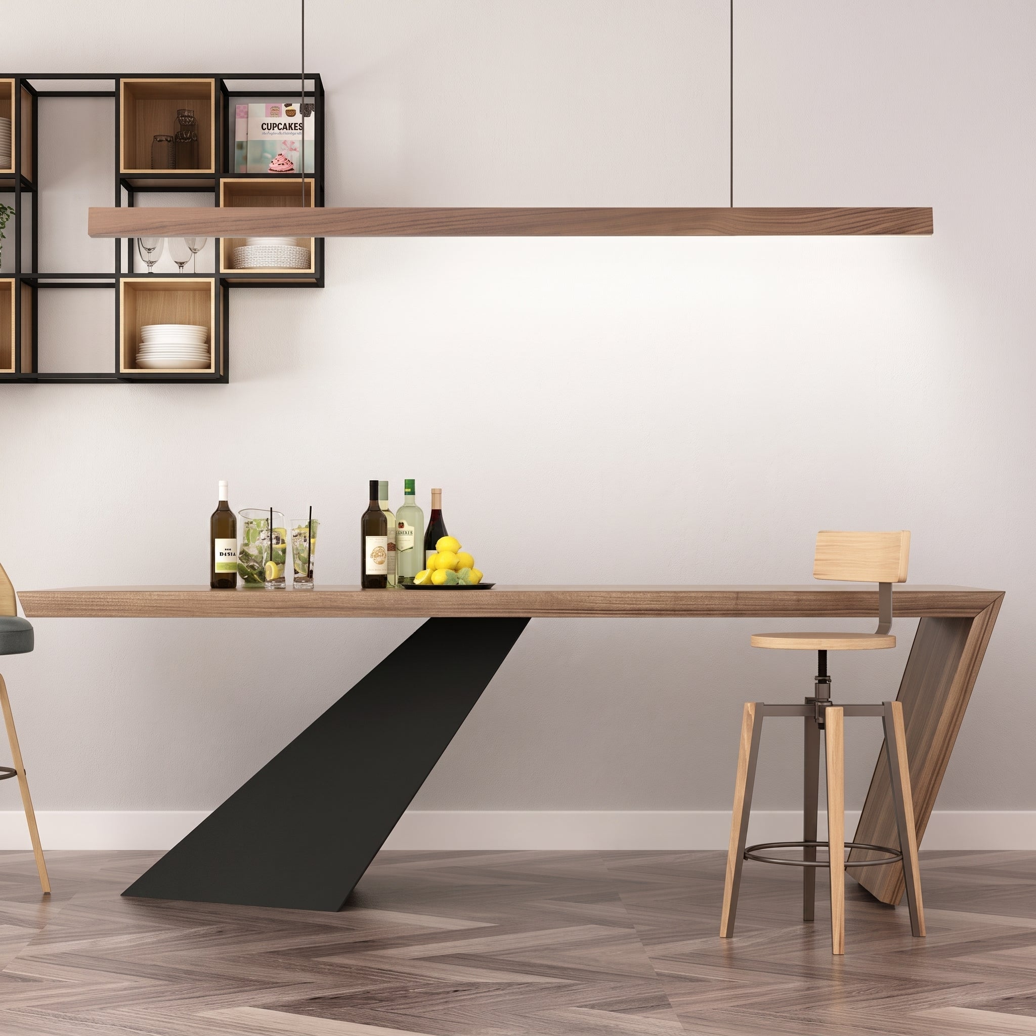 Lineare LED-Pendelleuchte mit schlankem Holzbalken für Esstisch - Pendant Light Fixtures - Braun - Voldeva