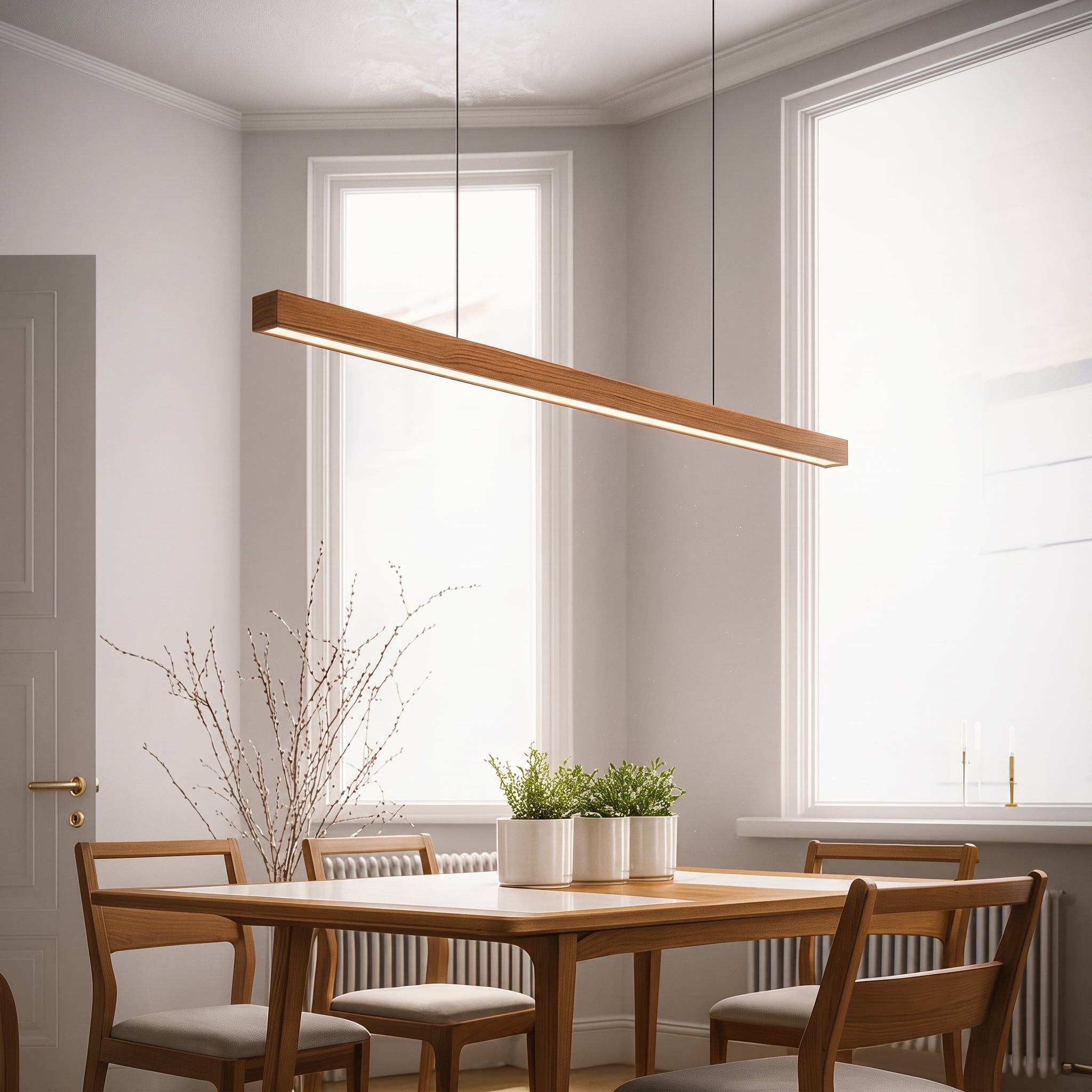 Lineare LED-Pendelleuchte mit schlankem Holzbalken für Esstisch - Pendant Light Fixtures - Braun - Voldeva