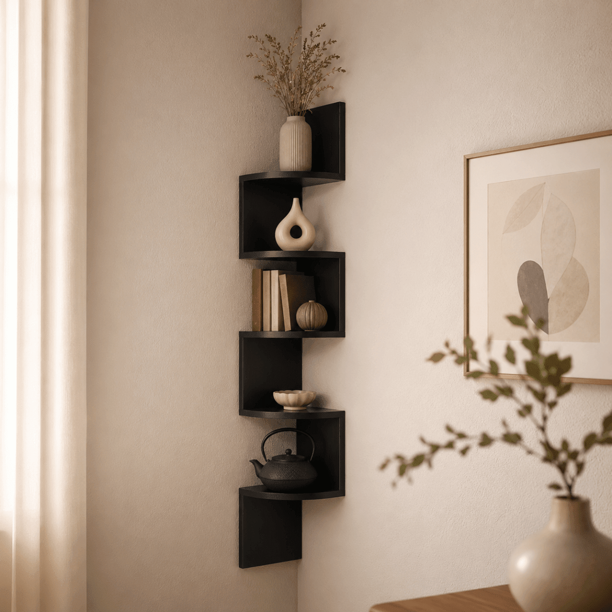 Mehrstufiges Eckregal im Zickzack-Design für Wohnzimmer und Flur - Corner Wall Shelves & Ledges - Schwarz - Voldeva