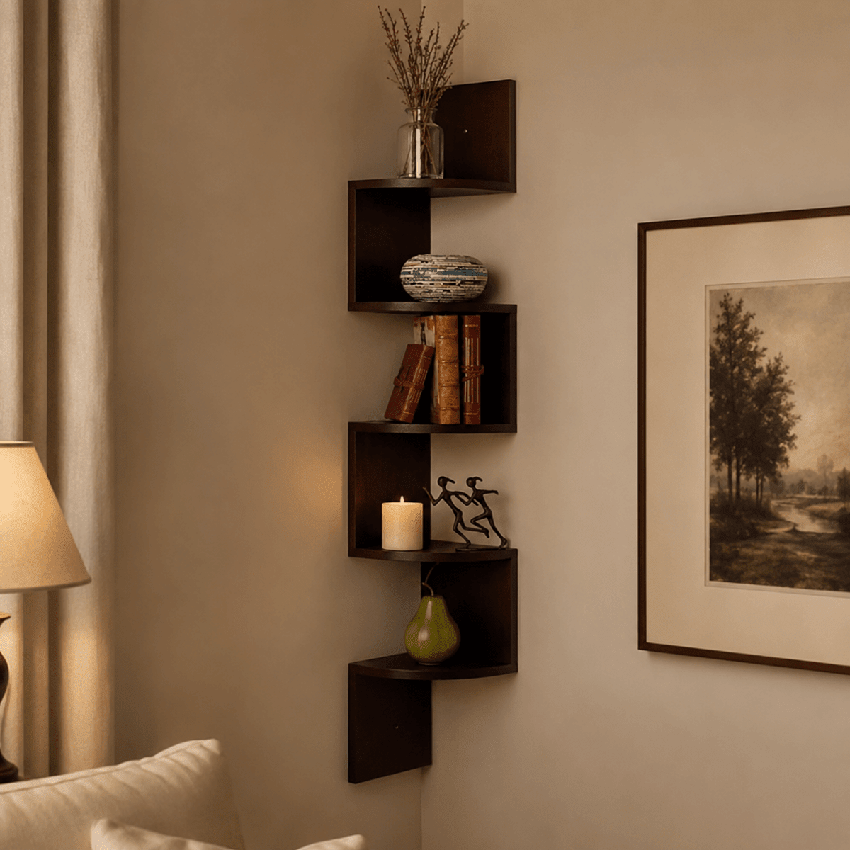 Mehrstufiges Eckregal im Zickzack-Design für Wohnzimmer und Flur - Corner Wall Shelves & Ledges - Dunkelbraun - Voldeva