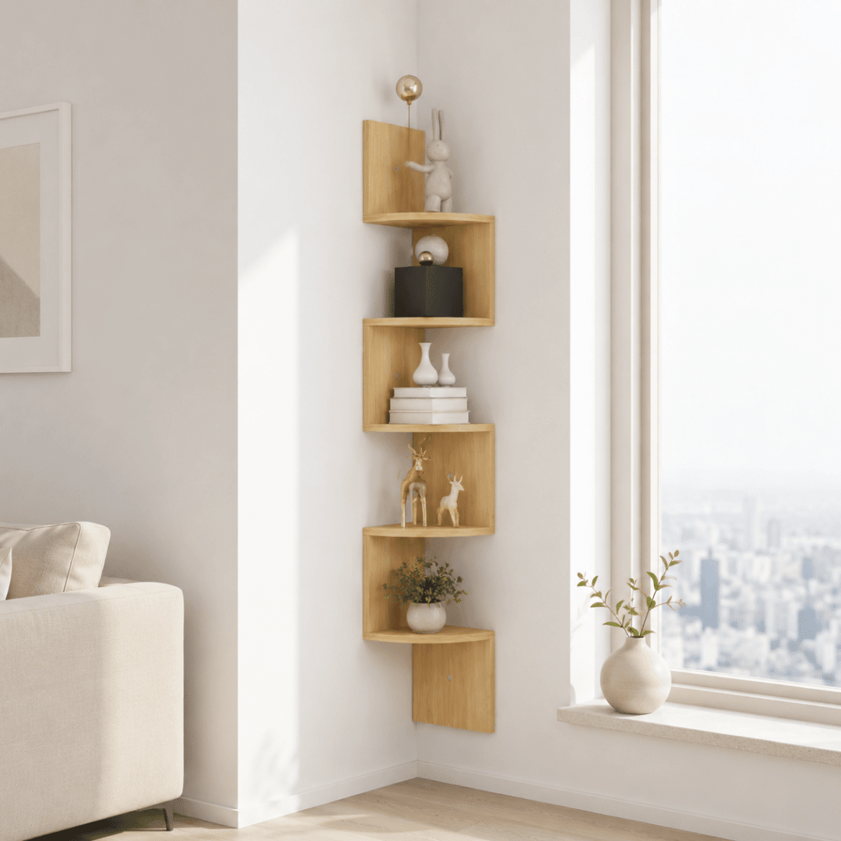Mehrstufiges Eckregal im Zickzack-Design für Wohnzimmer und Flur - Corner Wall Shelves & Ledges - Braun - Voldeva