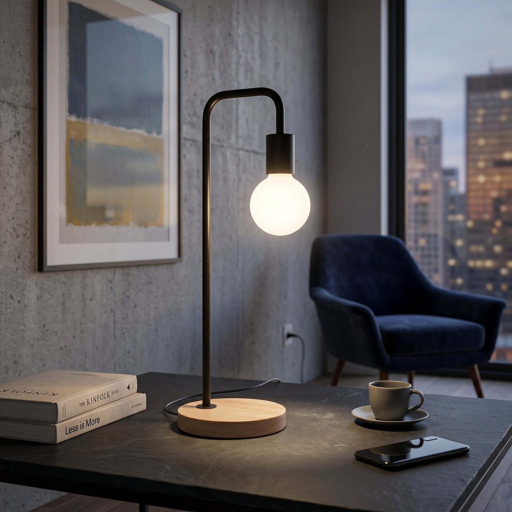 Minimalistische Tischlampe mit Gebogenem Metallarm - Lampen - Voldeva