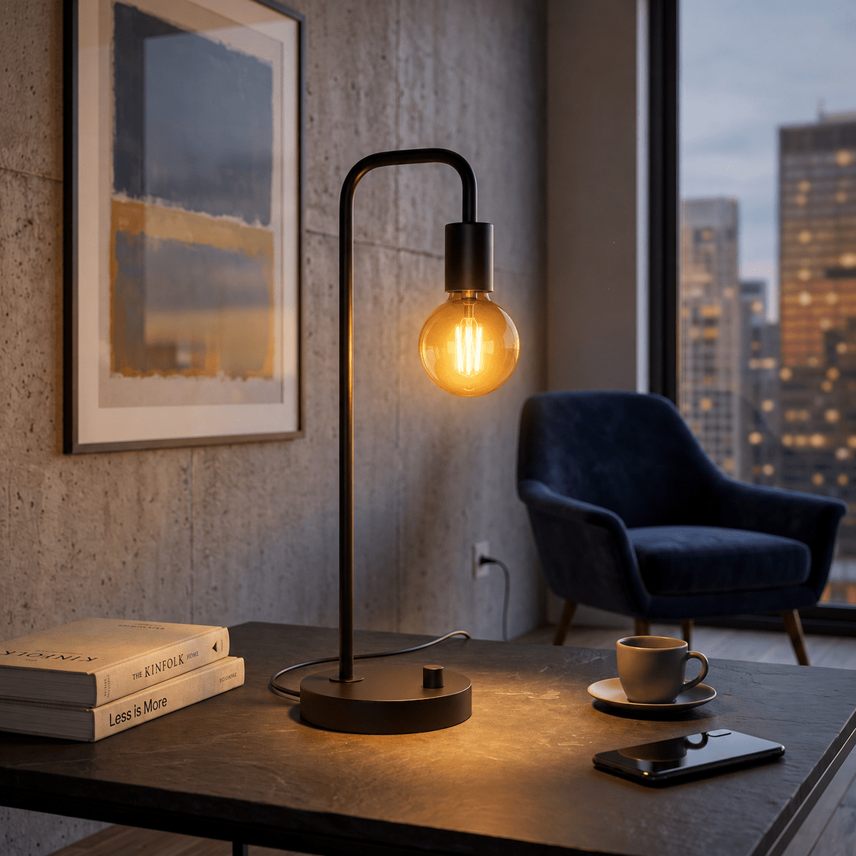 Minimalistische Tischlampe mit Gebogenem Metallarm - Table Lamps - Voldeva