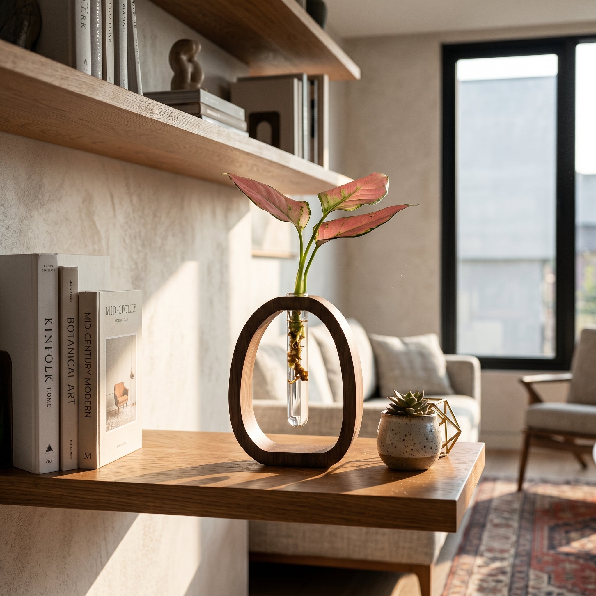 Minimalistisches Holz-Steckvase mit Glasröhrchen - Steckvase - Voldeva
