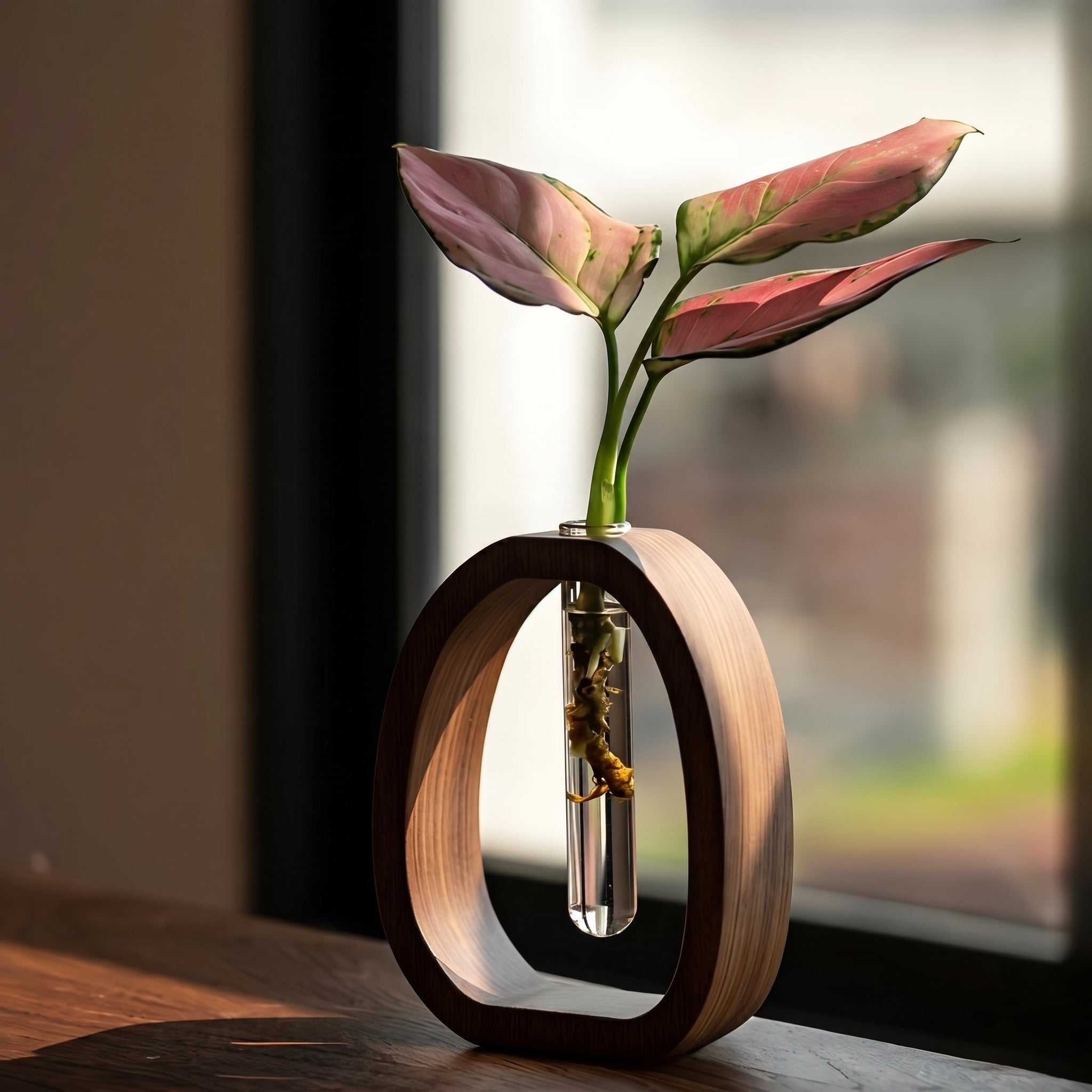 Minimalistisches Holz-Steckvase mit Glasröhrchen - Steckvase - Voldeva