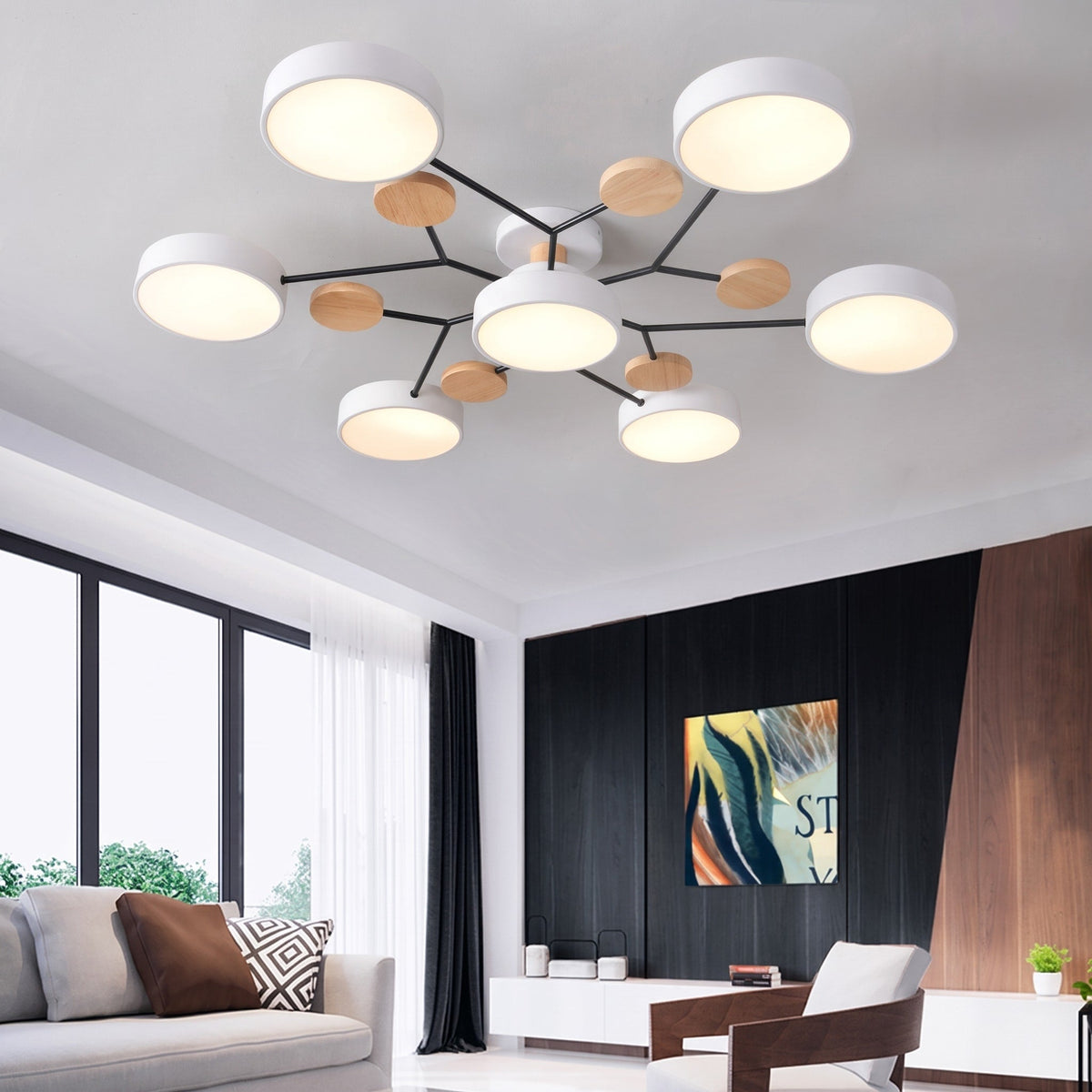 Moderne LED Deckenleuchte mit Astdesign und Holzakzenten - Pendant Light Fixtures - Weiß - Voldeva
