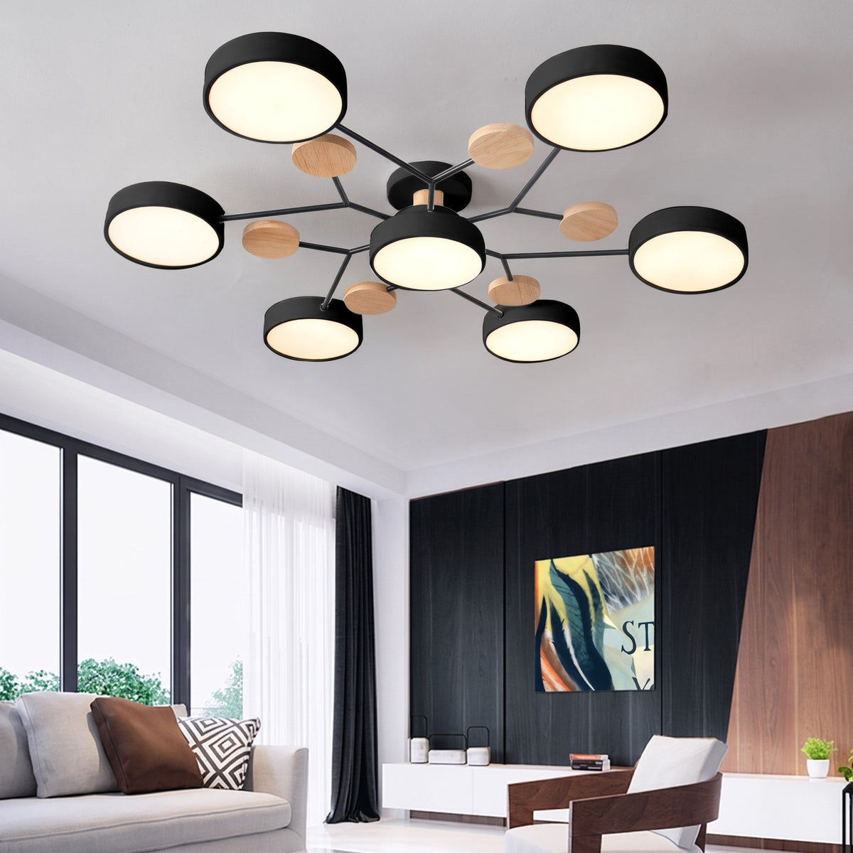Moderne LED Deckenleuchte mit Astdesign und Holzakzenten - Pendant Light Fixtures - Schwarz - Voldeva