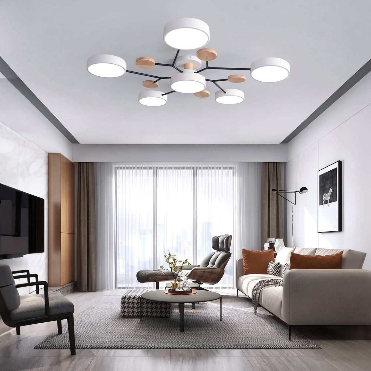 Moderne LED Deckenleuchte mit Astdesign und Holzakzenten - Pendant Light Fixtures - Weiß - Voldeva