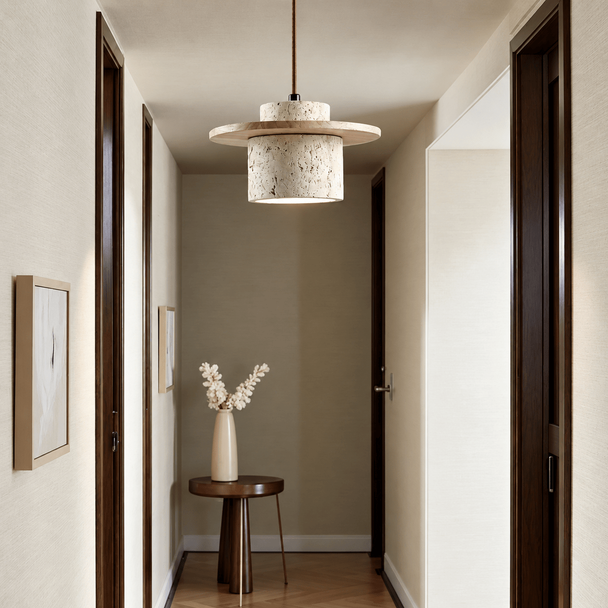 Moderne Pendelleuchte im Japandi-Stil mit Steinoptik-Schirm - Pendant Light Fixtures - Hellbraun - Voldeva