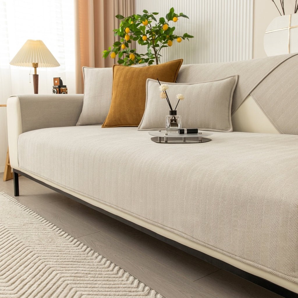 Moderner Sofaschoner mit strukturiertem Fischgrätgewebe - Sofadecke - Beige - Voldeva