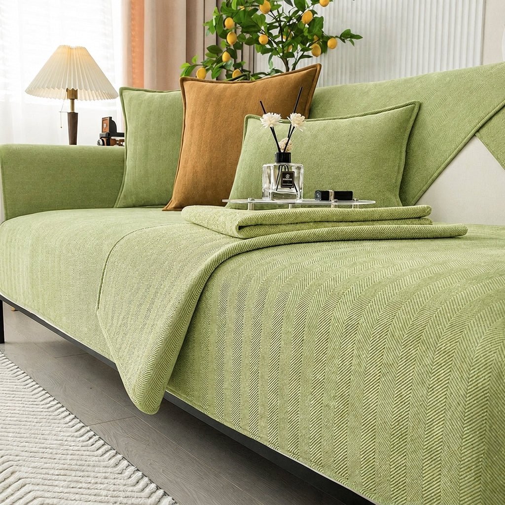 Moderner Sofaschoner mit strukturiertem Fischgrätgewebe - Sofadecke - Grün - Voldeva