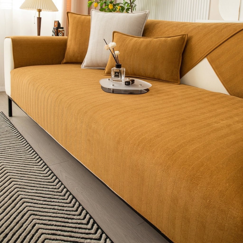 Moderner Sofaschoner mit strukturiertem Fischgrätgewebe - Sofadecke - Orange - Voldeva