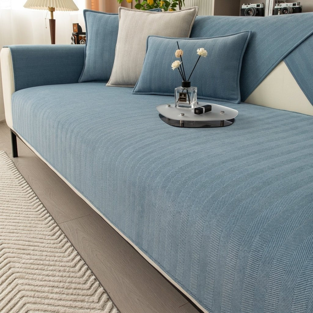 Moderner Sofaschoner mit strukturiertem Fischgrätgewebe - Sofadecke - Blau - Voldeva