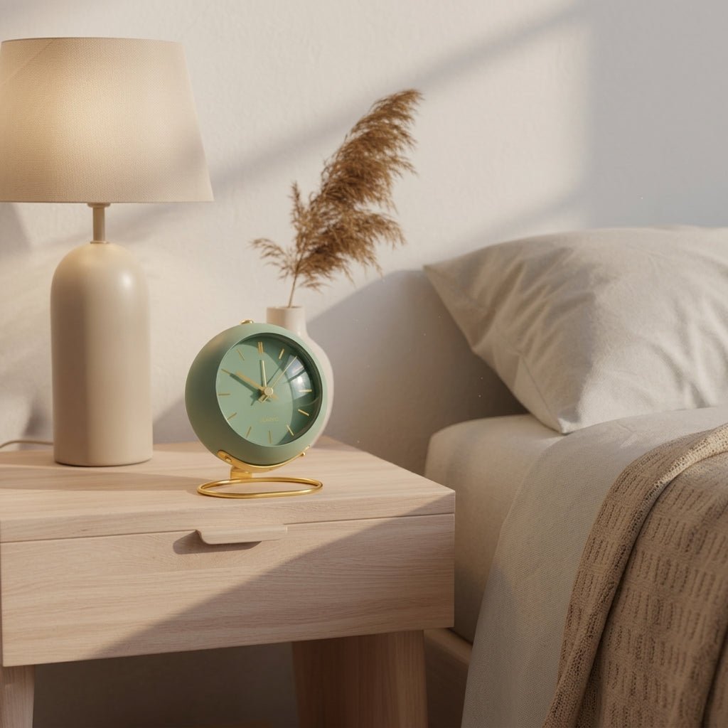 Nordische Minimalistische Runde Tischuhr mit Goldfuß - Tischuhr - Grün - Voldeva