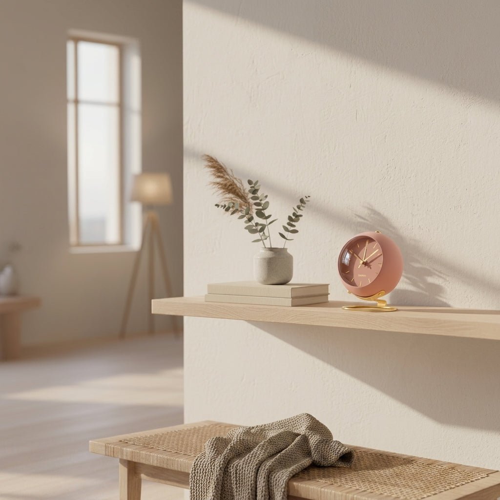 Nordische Minimalistische Runde Tischuhr mit Goldfuß - Tischuhr - Rosa - Voldeva