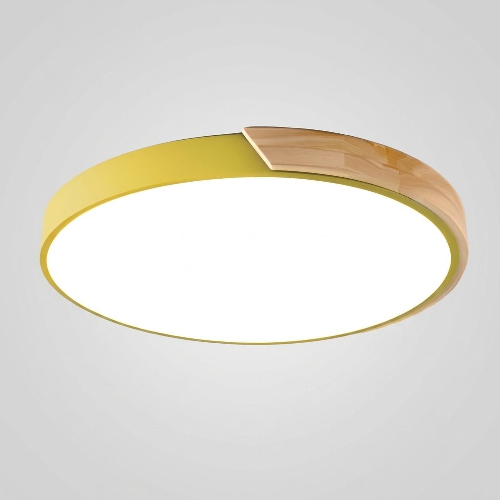 Nordische runde LED-Deckenleuchte mit natürlichem Holzakzent - Ceiling Light Fixtures - Gelb - Voldeva
