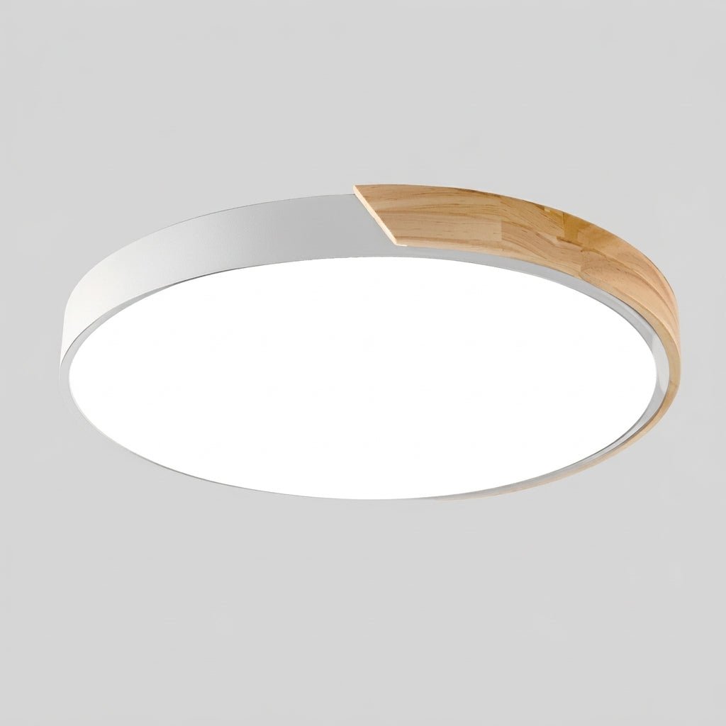 Nordische runde LED-Deckenleuchte mit natürlichem Holzakzent - Ceiling Light Fixtures - Weiß - Voldeva