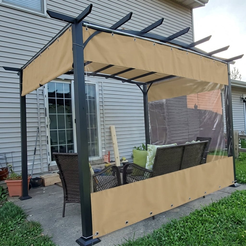 Outdoor Vorhang mit Transparentem Fenster und Ösen - Leinwandvorhang - Beige - Voldeva