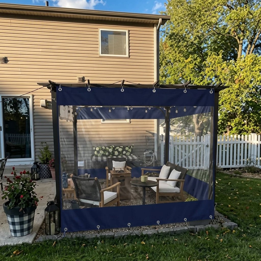 Outdoor Vorhang mit Transparentem Fenster und Ösen - Leinwandvorhang - Blau - Voldeva
