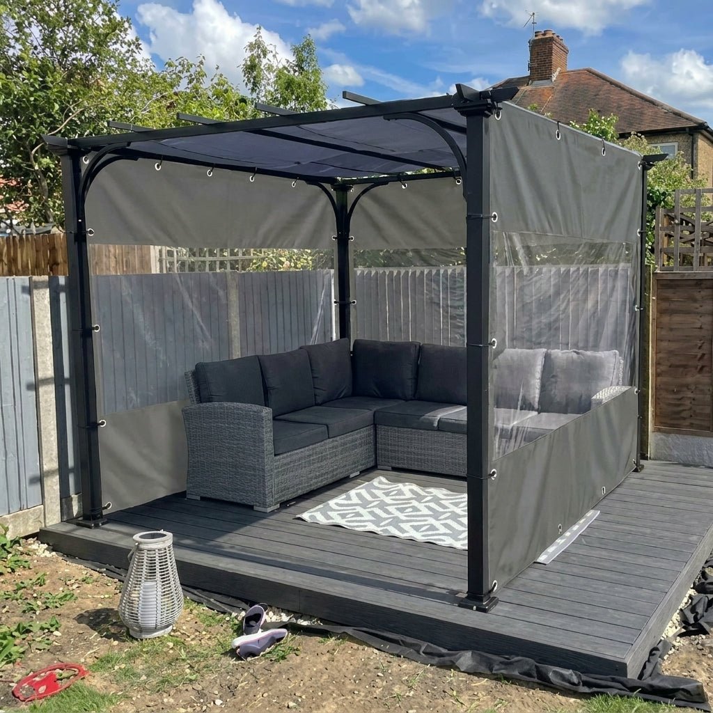 Outdoor Vorhang mit Transparentem Fenster und Ösen - Leinwandvorhang - Grau - Voldeva